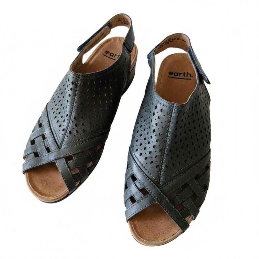 Earth Pisa Galli 8.5M Lake Blue Leather Perforated Wedge Sandals NWOT